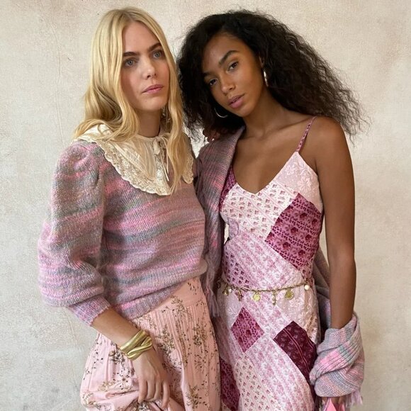 LoveShackFancy Aquarius Pullover Knit Sweater Crew Neck Long Puff Sleeve Pink M - Picture 13 of 13